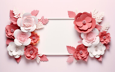A pink and white paper photo frame with flowers on it