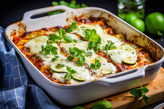 Baked zucchini bolognese lasagna in a baking dish. Generative AI