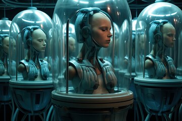 Fototapeta premium Production of androids to replace humans in difficult and dangerous tasks. Several colonized androids with a female face in glass containers. Cloning.