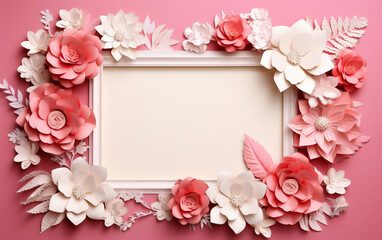 A pink and white paper photo frame with flowers on it