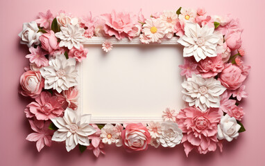 A pink and white paper photo frame with flowers on it