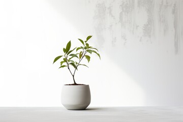 A solitary decorative plant housed in a concrete pot appears alone against a white backdrop.