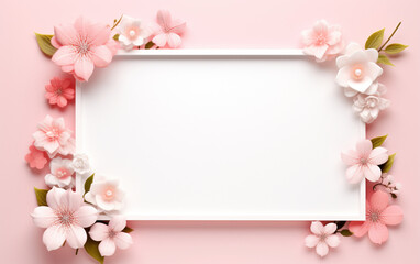 Fototapeta premium A pink and white paper photo frame with flowers on it