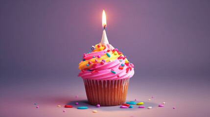 Birthday Cupcake With One Candle, Generative AI.