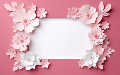 Fototapeta na wymiar A pink and white paper photo frame with flowers on it