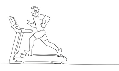 Man running on a treadmill. One line continuous concept sport banner. Line art vector illustration. Outline silhouette with copy space.