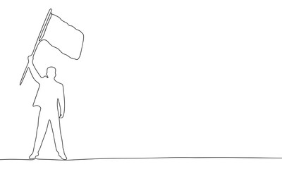 Man with flag in hand. One line continuous concept freedom banner. Line art vector illustration. Outline silhouette with copy space.