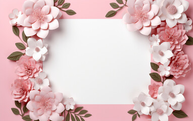 Obraz na płótnie Canvas A pink and white paper photo frame with flowers on it