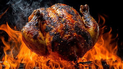 close up coal fire grilled chicken with licks of flames and smoke on a black background, Generative AI.