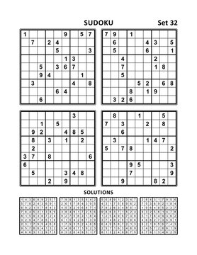 Four sudoku puzzles of comfortable (easy, yet not very easy) level. Set 32.
