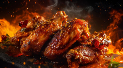 Obraz na płótnie Canvas closeup image of charred full chicken wings,, Generative AI.