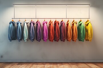 Multicolored casual hoodies and sweatshirts hanging in row on metal rail