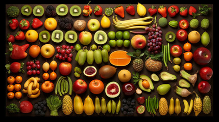 Collection with different fruits and vegetables, Generative AI.