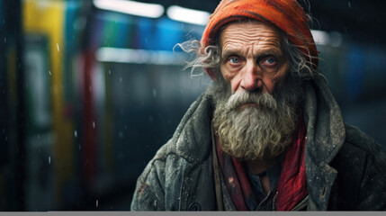 Fototapeta na wymiar Caucasian Homeless at train terminal. Social crisis, unemployment