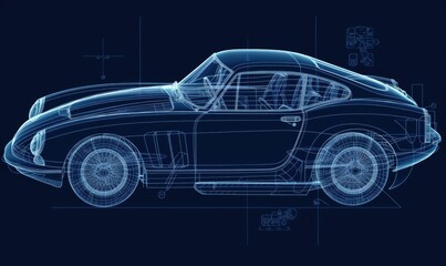 Visual representation of car's intricate details in an infographic blueprint. Creating using generative AI tools