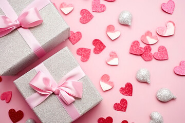 Gift boxes with pink bows and hearts. Generative AI