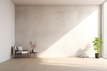 A 3D rendering showcases a minimalistic interior room with a white wall.