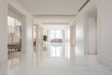 A photograph displaying a broad perspective of the apartment entrance, showcasing its white interior and luxurious marble flooring in superior quality.