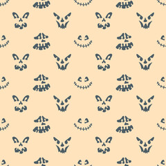 Halloween seamless pattern with spooky faces in cartoon style. Scary and creepy silhouette of faces for Halloween. Pattern with frightful faces for Halloween design.