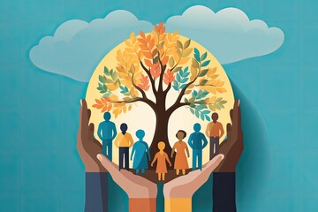 A visual representation of a multi generational familys well being and the concept of health insurance depicted through hands holding a piece of paper.