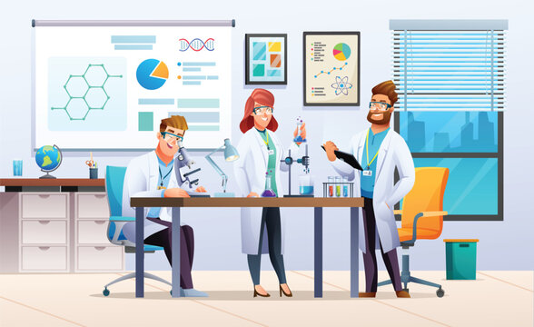 Group of scientists conducting experiments in science laboratory. Men and woman scientists doing scientific research. Vector illustration