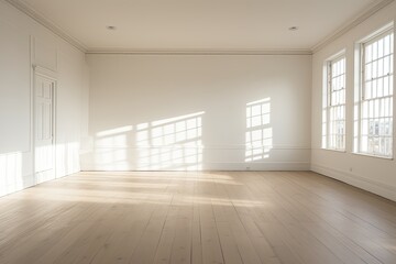 An unfurnished, white walled and ceilinged room with a wooden floor.