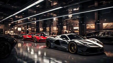 A shop selling luxury sports cars, showcasing sleek designs and superior performance. Generative AI