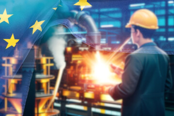 Eine moderne Fabrik und Flagge der Europäischen Union