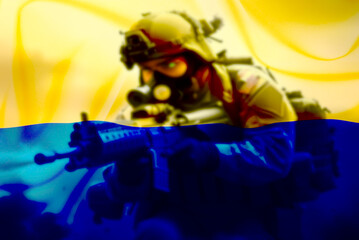 Ein Soldat im Krieg und Flagge der Ukraine