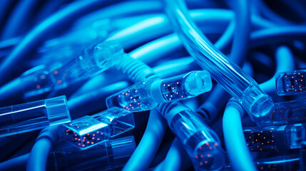 A collection of colorful Blue data cables and connectors, representing the interconnectedness of modern information systems.Technology Background