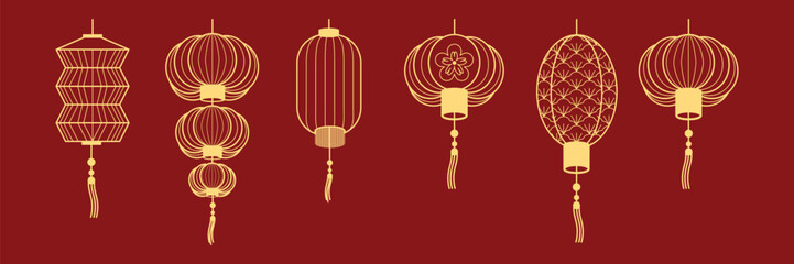 Set of Chinese traditional lanterns line art design. Vector decorative jewelry collection in Chinese and Japanese style for card, print, flyers, posters, merch, covers.
