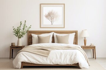 Real image of a comfortable king size bed adorned with linen bedding and a beige blanket, accompanied by a bedside table featuring a mug and a framed picture.