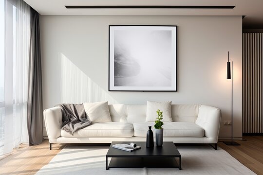 Sleek, minimalist interior design in a modern, white color scheme. Contemporary poster arrangement within the living room, showcasing a white sofa that provides ample space for replication