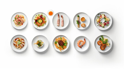 various plates of food isolated on white background, top view, Generative AI.