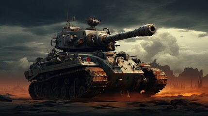 An imposing war tank, showcasing its heavy artillery and ready for battle. Generative AI