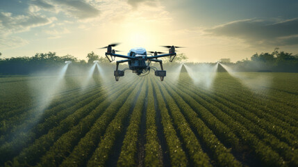A drone spraying crops in a precision agriculture setting, illustrating the role of technology in optimizing farming practices.Modern Farm Background - obrazy, fototapety, plakaty