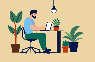 Flat design, a man is working with laptop in working space