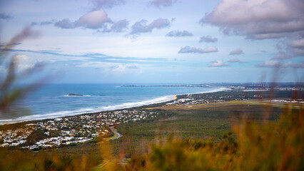 panorama of sunshine coast and coolum beach as seen from the top of mount coolum; aerial view of...