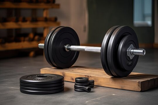 Home fitness dumbbell for muscle building, weight training equipment in the fitness club, and a barbell with heavy weights lying on the floor at the gym.