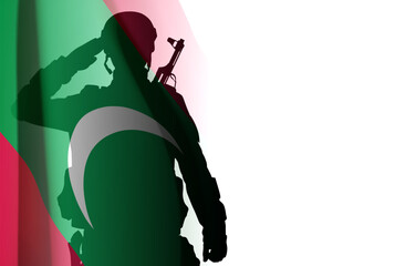 Silhouette of a saluting soldier with Maldives flag on white background. Background for National Holidays. EPS10 vector