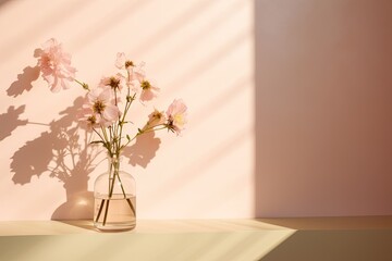 At sunrise, there are gentle, blurry shadow patterns of real flowers on a pastel pink wall in my home. The overall aesthetic is minimalist and centered around organic cosmetics.
