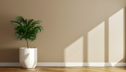 Fototapeta na wymiar Spring sunlight in Wooden branch of Plant in Pot with shadow on tile wall, wood table, copy space.
