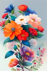 a painting of a bunch of flowers on a white background with blue