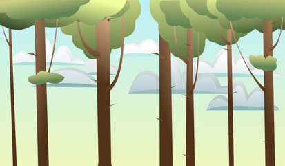 Sky in forest. Green summer landscape with plants. Cartoon fun style. Flat design. Vector.