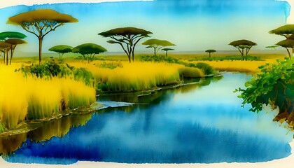 tropical island with  trees,river in the wild bush of masai mara ,watercolor painting,transparent background,natural colors,AI generated