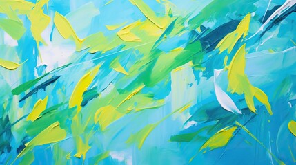 Abstract expressionist style with canvas and paint strokes early morning, bright blue sky, vibrant green leaves.