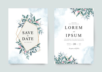 Elegant wedding invitation template with blue leaves and geometric frame