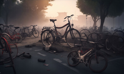 Fototapeta na wymiar china bike graveyard, Chinas Bike Sharing Disaster, generative ai
