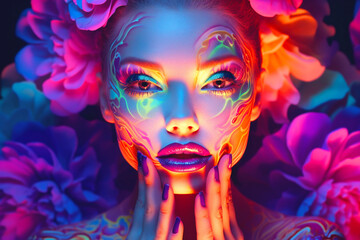  Fashion model woman face with fantasy art make-up. Bold makeup, glance Fashion art portrait, incorporating neon colors. Advertising design for cosmetics, beauty salon. Generative Ai content.
