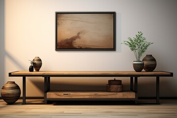 The current interior of a modern home room consists of a wooden table, which is accompanied by vacant space on its surface to showcase a product display mockup. This setup exemplifies the concept of